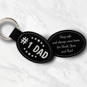 Number 1 Dad or Pop Black Silver Leatherette Oval Keyring